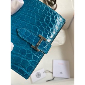 Hermes Bearn Compact Wallet in Blue Izmir Shiny Alligator Leather