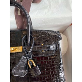 Hermes Birkin 25 Handmade Bag in Black Porosus Crocodile Shiny Skin