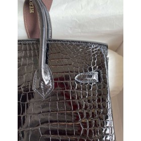 Hermes Birkin 25 Handmade Bag in Black Porosus Crocodile Shiny Skin