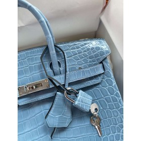 Hermes Birkin 25 Handmade Bag in Bleu du Nord Crocodile Niloticus Shiny Skin
