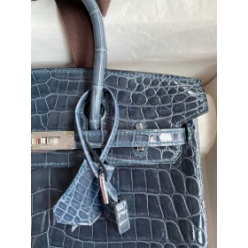 Hermes Birkin 25 Handmade Bag in Blue Tempete Crocodile Niloticus Shiny Skin