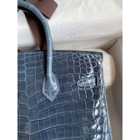 Hermes Birkin 25 Handmade Bag in Blue Tempete Crocodile Niloticus Shiny Skin