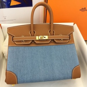 Hermes Birkin 25 Handmade Bag in Denim &amp; Gold Clemence Leather