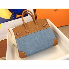 Hermes Birkin 25 Handmade Bag in Denim &amp; Gold Clemence Leather