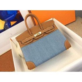 Hermes Birkin 25 Handmade Bag in Denim &amp; Gold Clemence Leather
