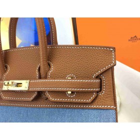 Hermes Birkin 25 Handmade Bag in Denim &amp; Gold Clemence Leather