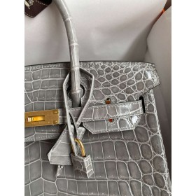Hermes Birkin 25 Handmade Bag in Gris Ciment Crocodile Niloticus Shiny Skin