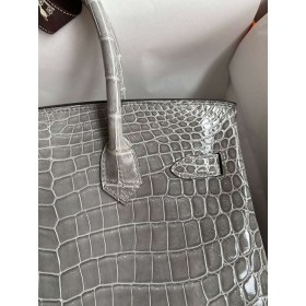 Hermes Birkin 25 Handmade Bag in Gris Ciment Crocodile Niloticus Shiny Skin