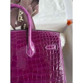 Hermes Birkin 25 Handmade Bag in Raisin Crocodile Niloticus Shiny Skin