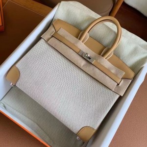 Hermes Birkin 25 Handmade Bag In Toile &amp; Biscuit Swift Leather