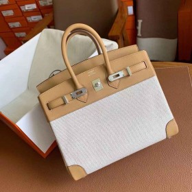 Hermes Birkin 25 Handmade Bag In Toile &amp; Biscuit Swift Leather