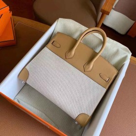 Hermes Birkin 25 Handmade Bag In Toile &amp; Biscuit Swift Leather