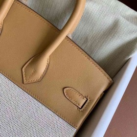 Hermes Birkin 25 Handmade Bag In Toile &amp; Biscuit Swift Leather