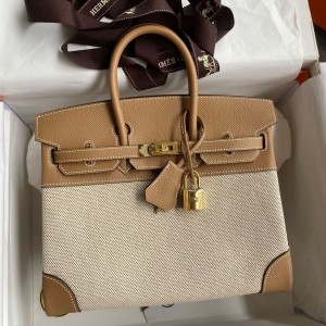 Hermes Birkin 25 Handmade Bag In Toile &amp; Chai Epsom Leather
