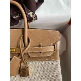 Hermes Birkin 25 Handmade Bag In Toile &amp; Chai Epsom Leather