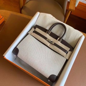 Hermes Birkin 25 Handmade Bag In Toile &amp; Chocolat Swift Leather