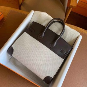 Hermes Birkin 25 Handmade Bag In Toile &amp; Chocolat Swift Leather