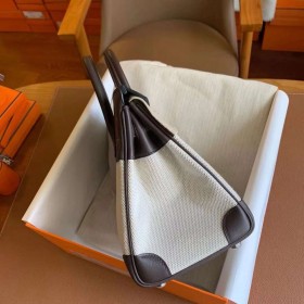 Hermes Birkin 25 Handmade Bag In Toile &amp; Chocolat Swift Leather