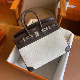 Hermes Birkin 25 Handmade Bag In Toile &amp; Chocolat Swift Leather