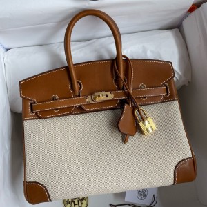 Hermes Birkin 25 Handmade Bag in Toile &amp; Gold Barenia Calfskin