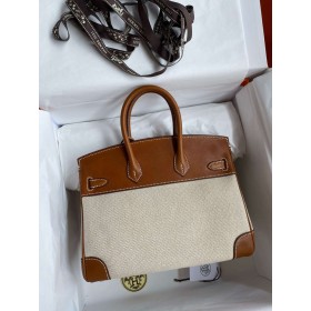 Hermes Birkin 25 Handmade Bag in Toile &amp; Gold Barenia Calfskin