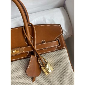 Hermes Birkin 25 Handmade Bag in Toile &amp; Gold Barenia Calfskin