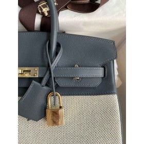 Hermes Birkin 25 Handmade Bag in Toile &amp; Gris Misty Swift Leather