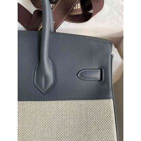 Hermes Birkin 25 Handmade Bag in Toile &amp; Gris Misty Swift Leather