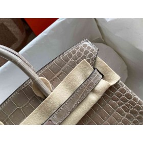 Hermes Birkin 25 Handmade Bag in Tourterelle Porosus Crocodile Shiny Skin