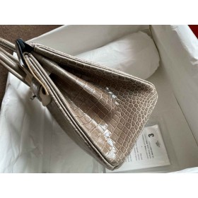 Hermes Birkin 25 Handmade Bag in Tourterelle Porosus Crocodile Shiny Skin