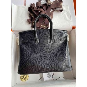 Hermes Birkin 25 Retourne Handmade Bag in Black Lizard Leather