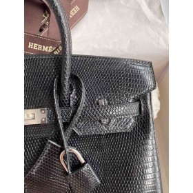 Hermes Birkin 25 Retourne Handmade Bag in Black Lizard Leather