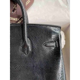 Hermes Birkin 25 Retourne Handmade Bag in Black Lizard Leather