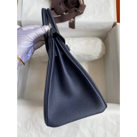 Hermes Birkin 25 Retourne Handmade Bag in Blue Nuit Clemence Leather