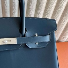 Hermes Birkin 25 Retourne Handmade Bag in Blue Prusse Box Calfskin