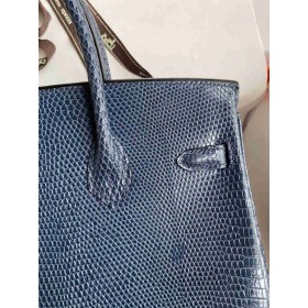 Hermes Birkin 25 Retourne Handmade Bag In Blue Saphir Lizard Leather