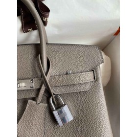 Hermes Birkin 25 Retourne Handmade Bag In Etain Clemence Leather