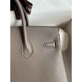 Hermes Birkin 25 Retourne Handmade Bag In Etain Clemence Leather