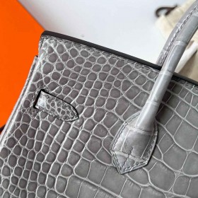 Hermes Birkin 25 Retourne Handmade Bag in Gris Ciment Shiny Alligator Leather