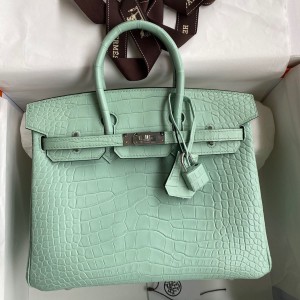 Hermes Birkin 25 Retourne Handmade Bag In Vert Deau Matte Alligator Leather