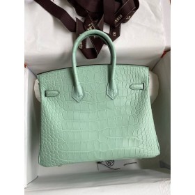 Hermes Birkin 25 Retourne Handmade Bag In Vert Deau Matte Alligator Leather