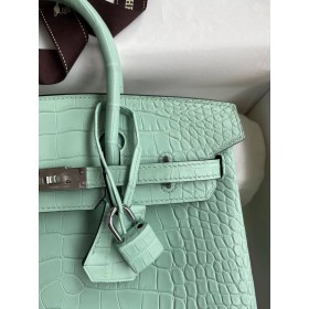 Hermes Birkin 25 Retourne Handmade Bag In Vert Deau Matte Alligator Leather