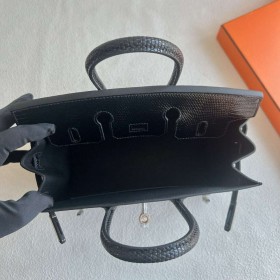 Hermes Birkin 25 Sellier Handmade Bag in Black Lizard Leather