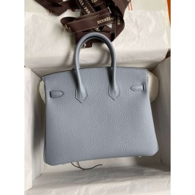 Hermes Birkin 25 Verso Retourne Handmade Bag in Blue Lin Clemence Leather