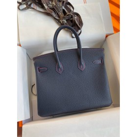 Hermes Birkin 25 Verso Retourne Handmade Bag in Blue Nuit Clemence Leather