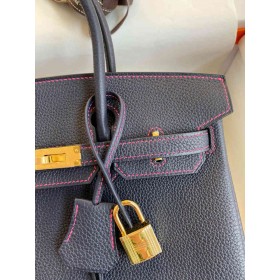 Hermes Birkin 25 Verso Retourne Handmade Bag in Blue Nuit Clemence Leather