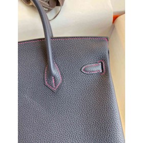 Hermes Birkin 25 Verso Retourne Handmade Bag in Blue Nuit Clemence Leather