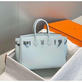 Hermes Birkin 25cm Bag In Blue Brume Clemence Leather PHW