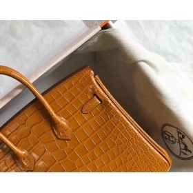 Hermes Birkin 25cm Bag In Gold Embossed Crocodile Leather