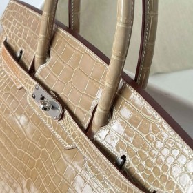 Hermes Birkin 30 Handmade Bag in Biscuit Crocodile Porosus Shiny Skin